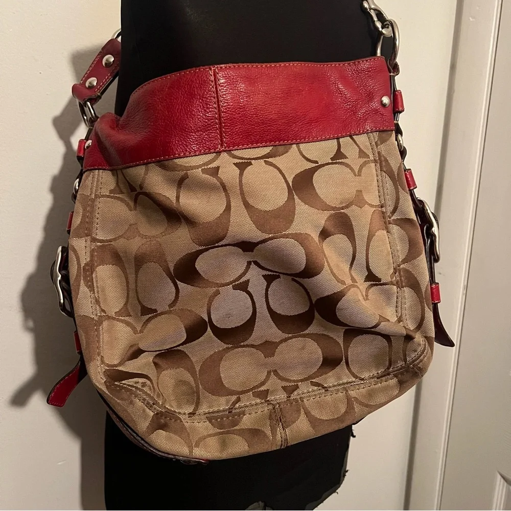 Coach F12674 Zoe Signature C Khaki Jacquard Red Leather Hobo Shoulder Bag - Picture 5 of 16